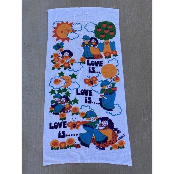 Vintage 70s B&D Groovy Hippie Beach Towel Wall Hanging "Love Is" 100% Cotton Sun - Picture 2 of 10